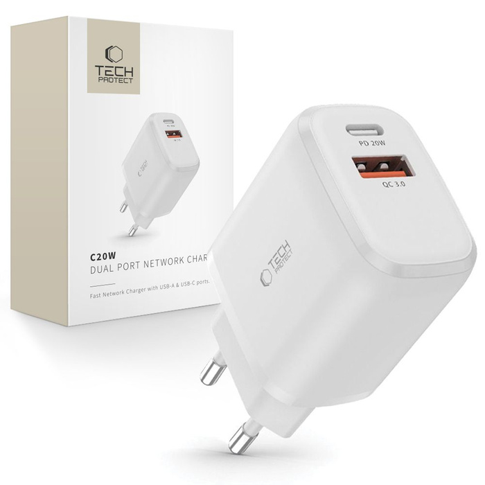 ŁADOWARKA TECH-PROTECT C20W 2-PORT NETWORK CHARGER PD20W/QC3.0 WHITE