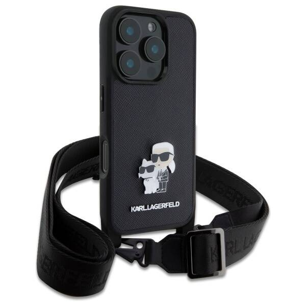 Etui Karl Lagerfeld iPhone 16  Pro Max czarny/black hardcase Saffiano Karl&Choupette Metal Pin CBDY Strap