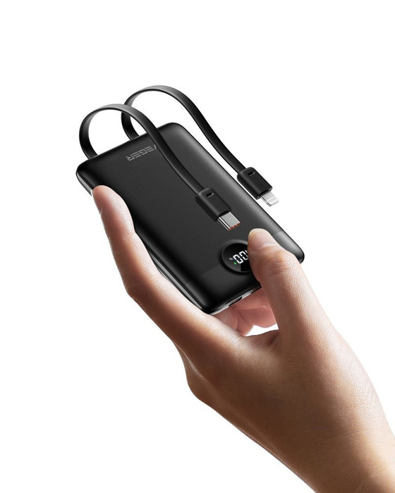 VEGER powerbank 10000 mAh z wbudowanymi kablami Typ C / Lightning PD QC3.0 2A 22,5W C11 (W1170) czarny