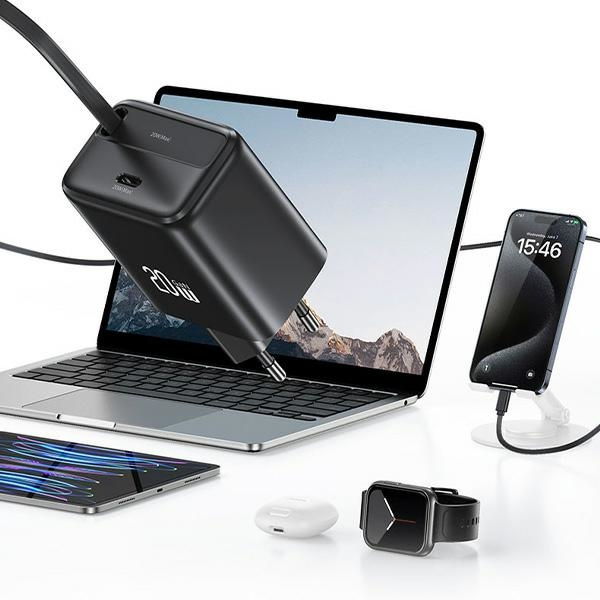USAMS Ład. siec. 1xUSB-C ze zwijanym kablem USB-C Retractable PD+QC 20W Gan Fast Charging czarny/black YC Series CC233TC01 (US-CC233)