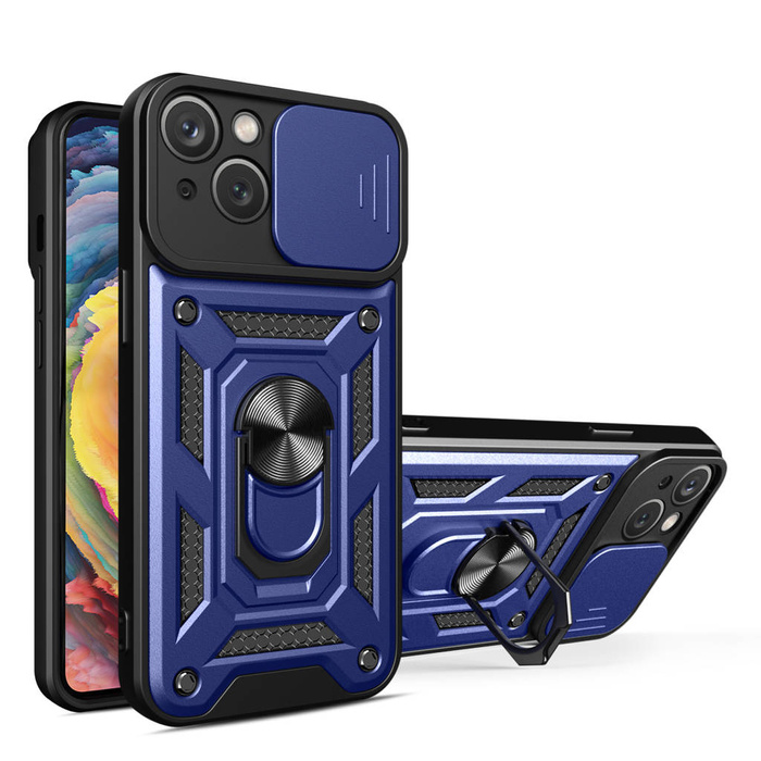 Etui Pancerne etui z podstawką i osłoną aparatu do iPhone 15 Hybrid Armor Camshield - niebieskie Case