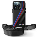 Etui BMW iPhone 16 Pro czarny/black hardcase M Edition Carbon Tricolor Lines & Strap