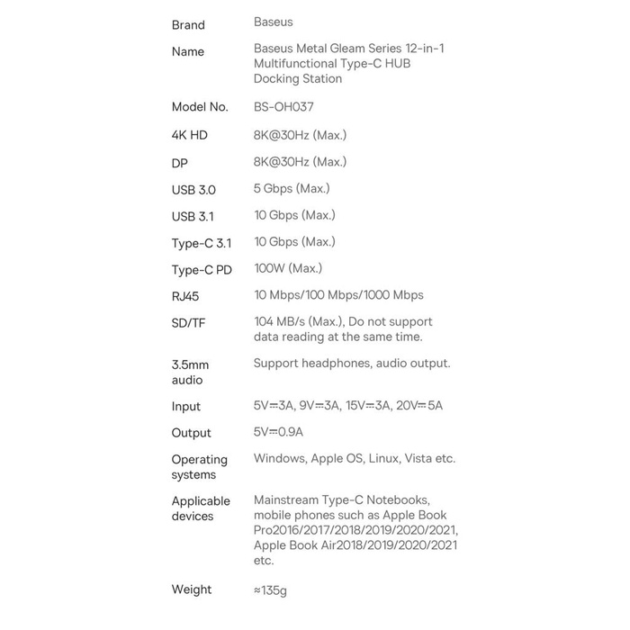 Baseus Metal Gleam wielofunkcyjny HUB USB Typ C 12w1 HDMI / DP / USB Typ C / minijack 3.5mm / RJ45 / SD (WKWG020213)