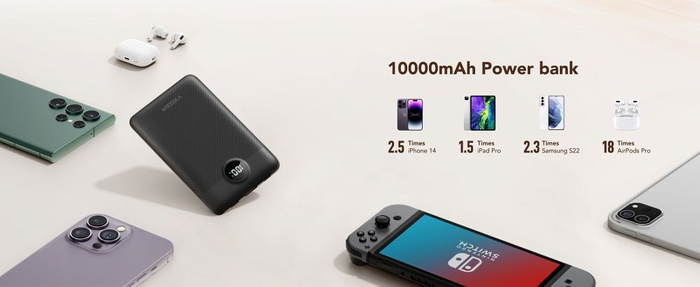 VEGER powerbank 10000 mAh z wbudowanymi kablami Typ C / Lightning PD QC3.0 2A 22,5W C11 (W1170) czarny