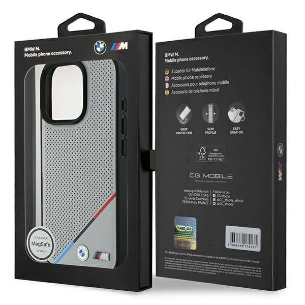 Etui BMW iPhone 16 Pro 6.3" szary/grey hardcase M Perforated Tricolor Line MagSafe