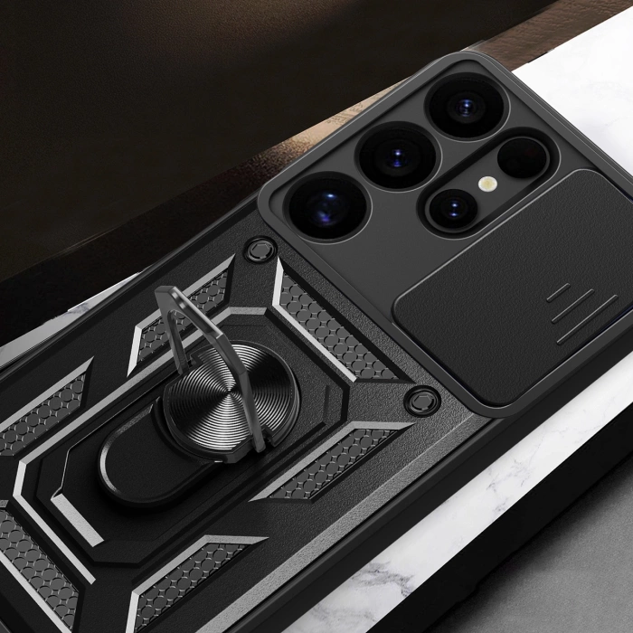 Etui pancerne Hybrid Armor Camshield z osłoną aparatu i metalowym ringiem do Samsung Galaxy S25 Ultra - czarne