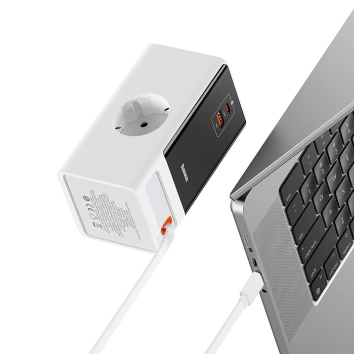 Stacja łądująca Baseus PowerCombo 65W 1.5m 2 x EU + USB-A + USB-C + zwijany kabel USB-C - biała