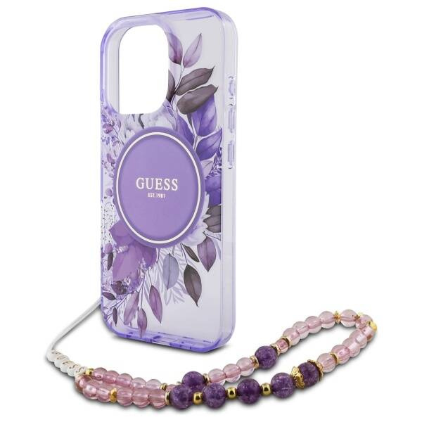 Etui Guess iPhone 16 Pro Max 6.9" fioletowy/purple hardcase IML Flowers With Pearl Strap MagSafe