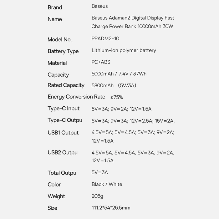 Baseus Adaman2 powerbank z wyświetlaczem cyfrowym 10000mAh 30W 2 x USB / 1x USB Typ C Overseas Edition PD QC SCP czarny (PPAD040101)