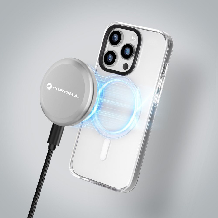 Ładowarka indukcyjna Forcell F-Energy Smart Charge USB C Qi2 15W zgodna z MagSafe z odpinanym kablem 1,5 m srebrna