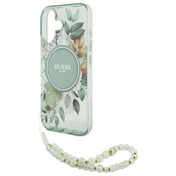 Etui Guess iPhone 16 Plus 6.7" zielony/green hardcase IML Flowers With Pearl Strap MagSafe