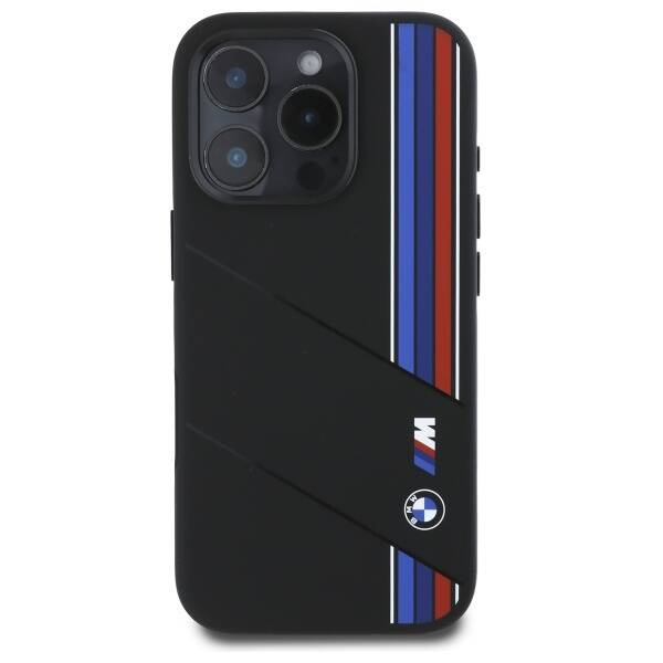 Etui BMW iPhone 16 Pro czarny/black hardcase Silicone Cut Tricolor Lines MagSafe