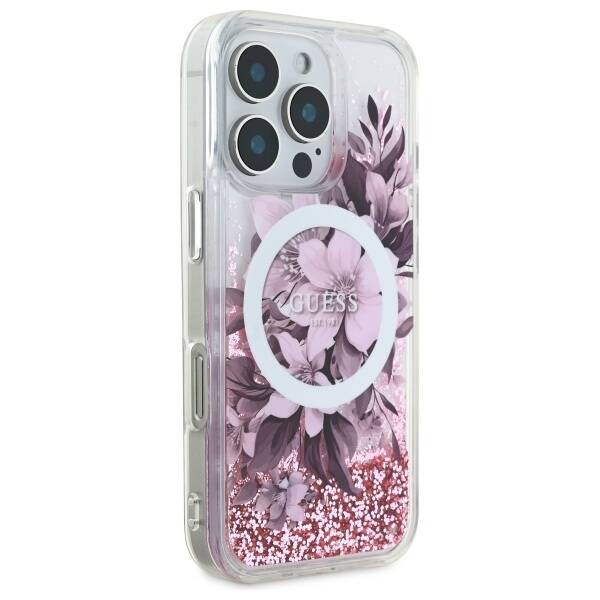 Etui Guess iPhone 16 Pro Max 6.9" różowy/pink hardcase Liquid Glitter Flower MagSafe