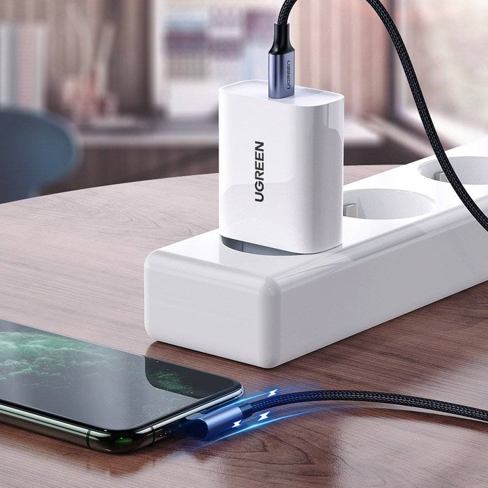 Ugreen MFI kątowy kabel przewód z bocznym wtykiem USB Typ C - Lightning Power Delivery 3 A 1 m szary (60763 US305)