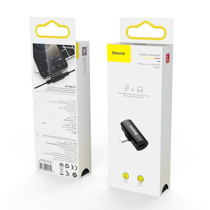 BASEUS adapter audio/HF z iPhone Lightning 8-pin na 2x do iPhone Lightning 8-pin CAL46-S1 srebrno - czarny