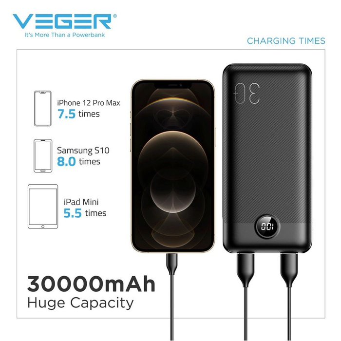 Powerbank Veger L30 (W3008PD) PD QC3.0 3A 20W 30000 mAh czarny