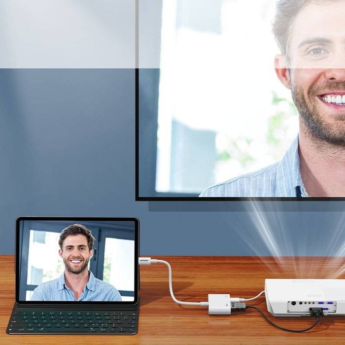 Joyroom adapter przejściówka ze złącza Lightning (męski) na cyfrowe HDMI (żeński) + Lightning (żeński) FullHD 1080p 60Hz biały (S-H141 white)