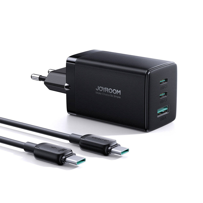 Joyroom szybka ładowarka GaN 65W USB, 2x USB C czarna + kabel USB C - USB C 100W 1.2m (TCG01)