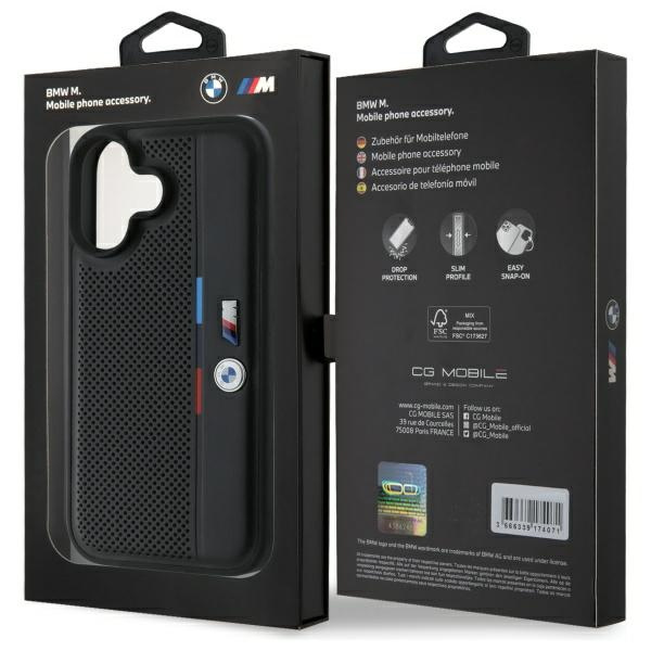 Etui BMW iPhone 16 6.1" czarny/black hardcase M Perforated Tricolor Detail Line