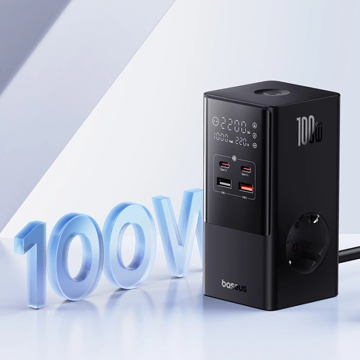 Stacja ładująca Baseus PowerCombo Tower 100W 2 x EU + 2 x USB-A + 2 x USB-C 1,5m - czarna