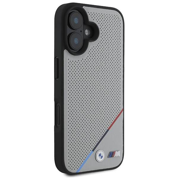 Etui BMW iPhone 16 6.1" szary/grey hardcase M Perforated Tricolor Line MagSafe