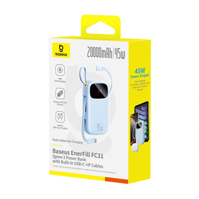 Powerbank Baseus EnerFill FC31 20000mAh 45W z wyświetlaczem z kablami USB-C i Lightning - niebieski