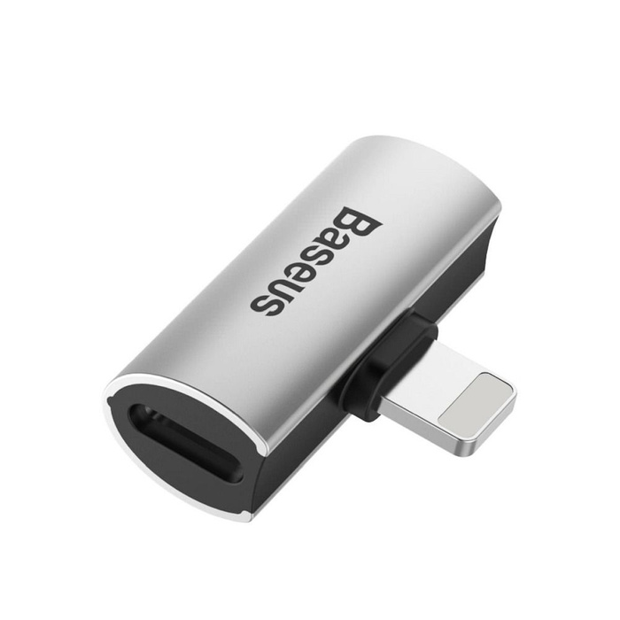 BASEUS adapter audio/HF z iPhone Lightning 8-pin na 2x do iPhone Lightning 8-pin CAL46-S1 srebrno - czarny
