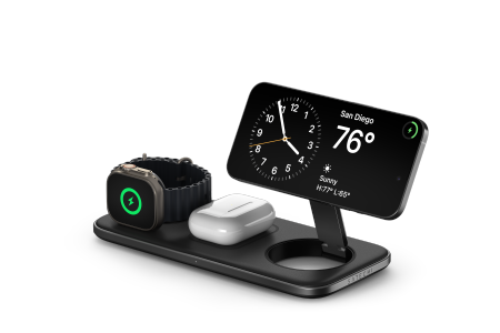 Satechi Qi2 Trio Wireless Charging Pad - magnetyczna ładowarka bezprzewodowa do trzech urządzeń (AppleWatch 5W, AirPods 5W, Qi2 15W), kabel 1m, ładowarka sieciowa 45W oraz wymienne wtyczki UK i EU w zestawie (space gray)