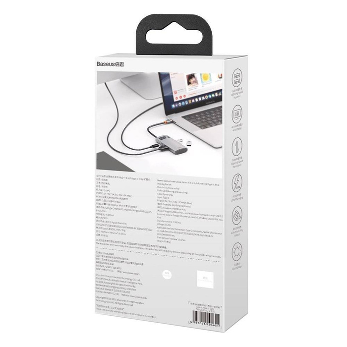 Baseus Metal Gleam 4w1 wielofunkcyjny HUB USB Typ C - USB Typ C Power Delivery 100 W / HDMI 4K 30 Hz / USB 3.2 Gen 1 / USB 2.0 (CAHUB-CY0G)