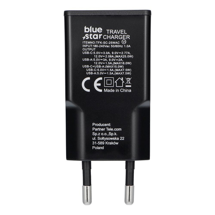 Ładowarka sieciowa do telefonu Blue Star Slim GaN 1x Typ C + 1x USB A QC4.0 PD 3A 25W TFK-SC-25WAC czarna