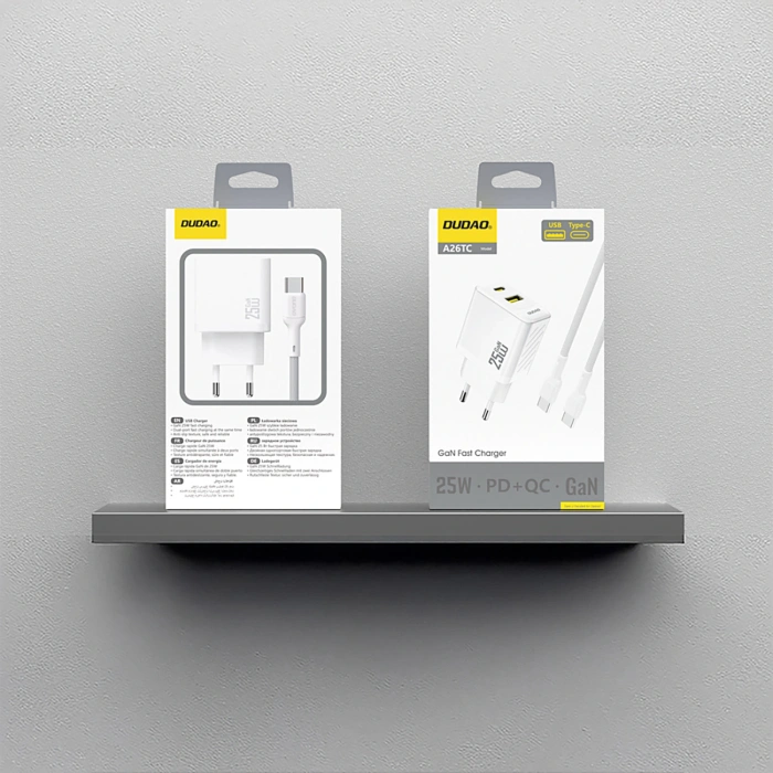 Ładowarka sieciowa Dudao A26TCEU PD QC 25W GaN USB-A USB-C z kablem USB-C - biała