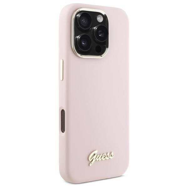 Etui Guess iPhone 16 Pro Max różowy/pink hardcase Silicone Script Metal Logo & Frame
