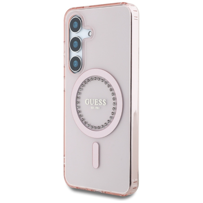 Etui Guess Rhinestones Printed Classic    Logo MagSafe Samsung Galaxy S25 różowy