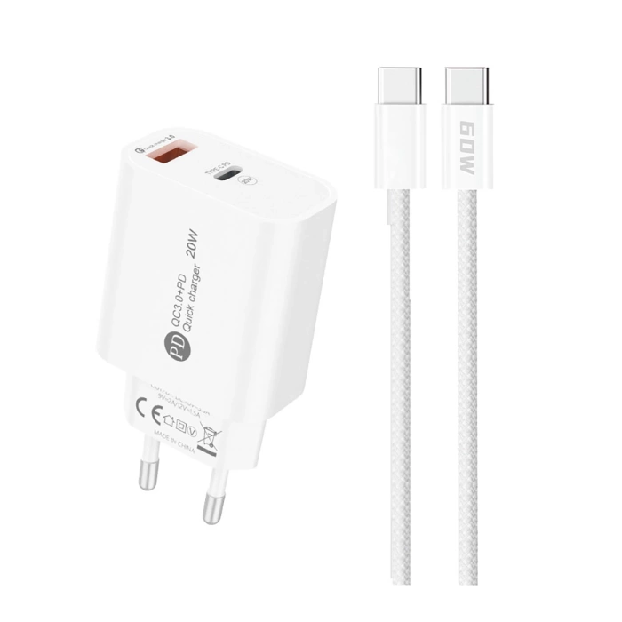 Ładowarka sieciowa A6MaxL 20W USB-A USB-C z kablem USB-C - USB-C 1m - biała
