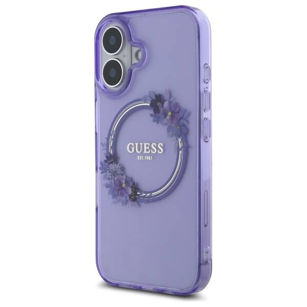 Etui Guess iPhone 16 6.1" fioletowy/purple hardcase IML Flowers Wreath MagSafe