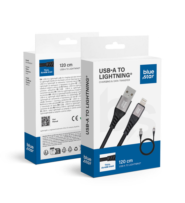 Kabel USB A do Lightning Blue Star 2,4A z oplotem 1,2 m TFK-DC-003 czarny 