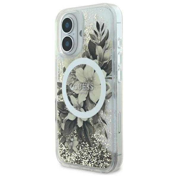 Etui Guess iPhone 16 6.1" beżowy/beige hardcase Liquid Glitter Flower MagSafe