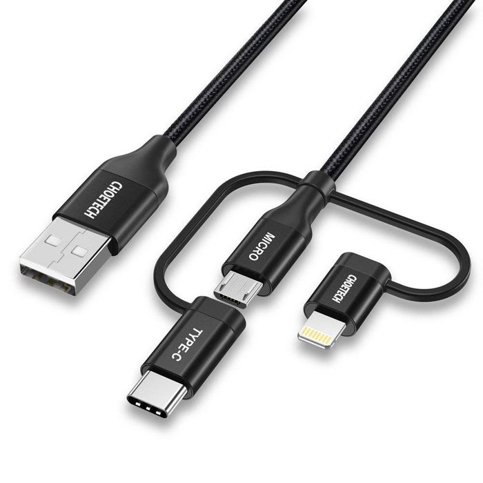 Choetech 3w1 kabel USB MFI Lightning / USB Typ C / micro USB 1,2 m czarny 