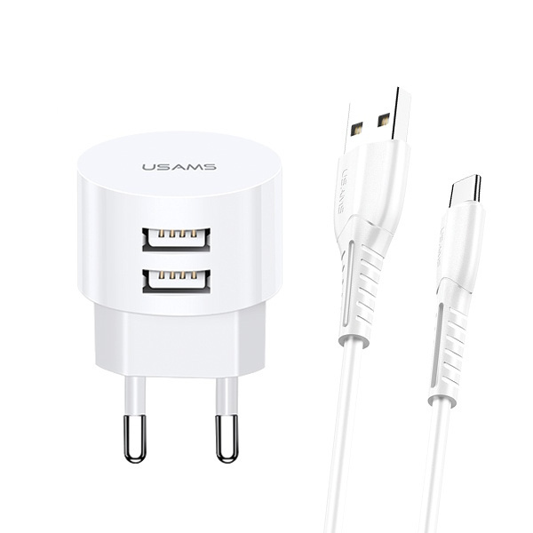 Ładowarka Sieciowa USAMS 2xUSB 2,1A Kabel MicroUSB Round Fast Charging Biały