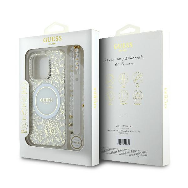 Etui Guess iPhone 16 Pro 6.3" biały/white hardcase IML Flowers Allover Electro With Pearl Strap MagSafe
