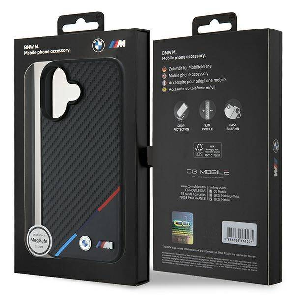 Etui BMW iPhone 16 Plus 6.7" czarny/black hardcase Carbon Tricolor Line MagSafe