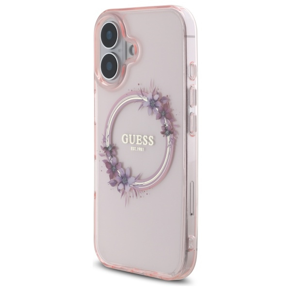 Etui Guess iPhone 16 6.1" różowy/pink hardcase IML Flowers Wreath MagSafe