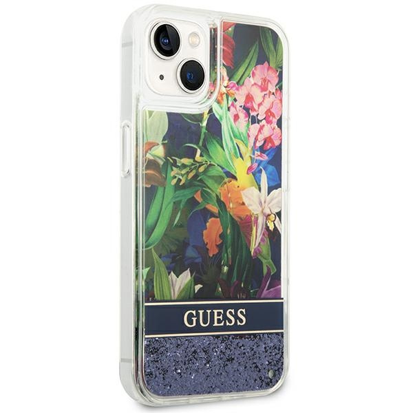 Etui GUESS Apple iPhone 14 Plus Flower Liquid Glitter Niebieski Hardcase