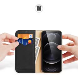 Dux Ducis Hivo skórzane etui z klapką pokrowiec ze skóry naturalnej portfel na karty i dokumenty iPhone 13 Pro czarny